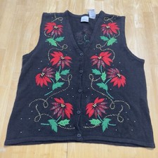 Bobbie Brooks Women  s Vest Christmas Holiday Poinsettia Knit Black Sweater Large