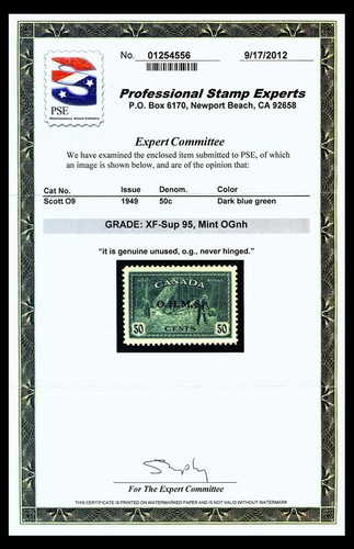 CANADA #O9; 50¢ PEACE ISSUE (O.H.M.S.) , XF/SUP-OG-NH, PSE GRADED (95), SMQ $625 - Picture 3 of 3
