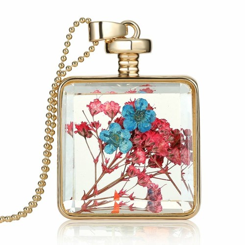 Glass Floating Locket Pendant Necklace Gift Hot Natural Real Dried Flower Resin