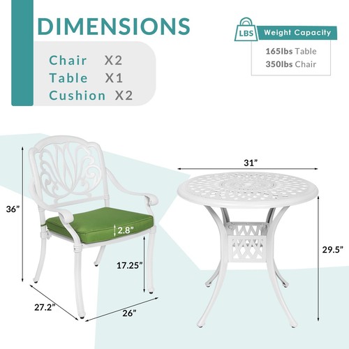 3PCS Patio Bistro Dining Set Outdoor Cast Aluminum Round Table Chairs Set White - Picture 11 of 26