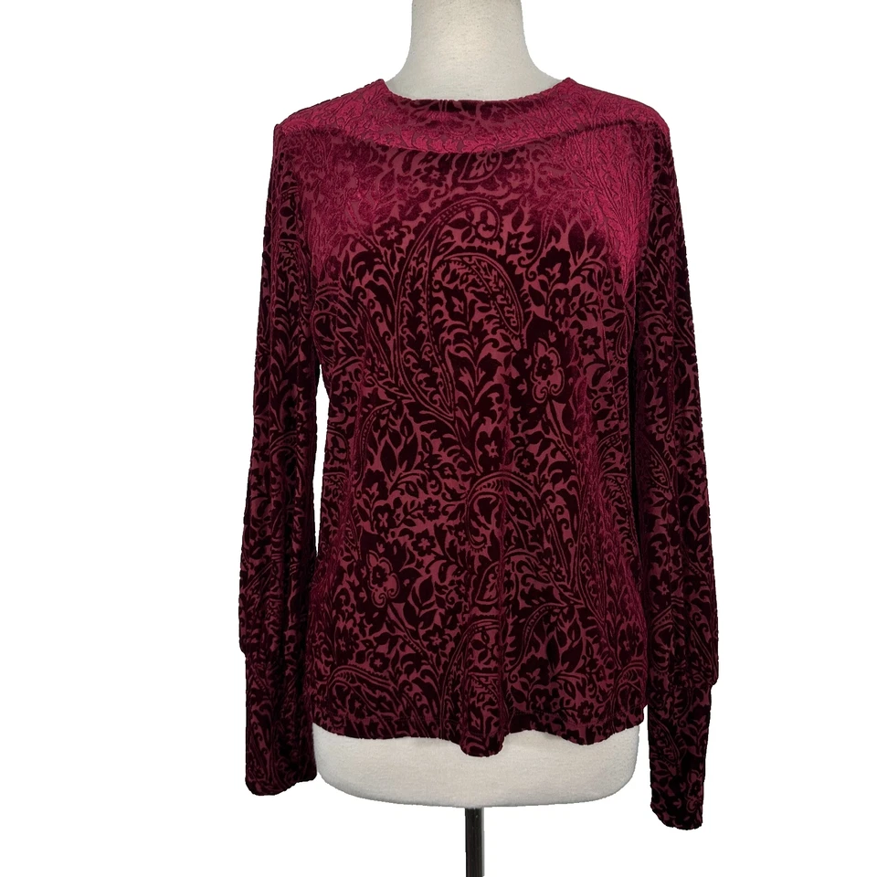 Ralph Lauren Maroon Velvet Paisley Burnout Old Money Blouse Bishop Sleeve Sz XL - Image 3 of 4