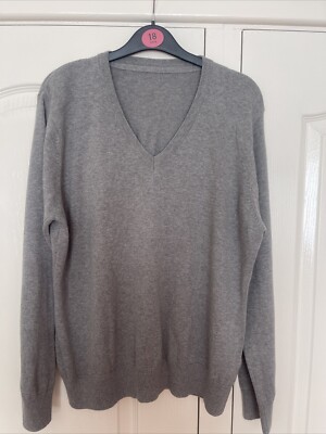 Ladies luxury cotton V-neck jumper grey lightweight Size 18 by Paul James  UK