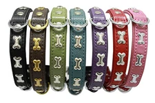 Angel Genuine Leather Dog Collar Metal Bones Size 14" - 26" Stainless Hardware 