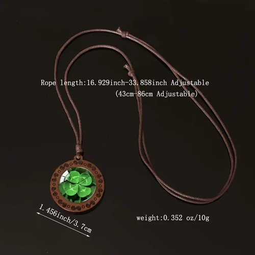 Elegant Glass & Wooden Round Pendant Necklace With Four Leaf Clover Jewelry Gift - 第 3/4 張圖片
