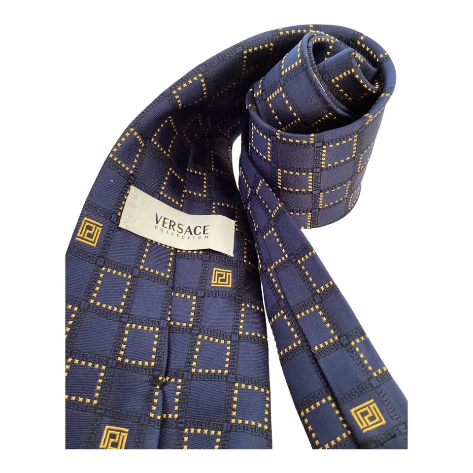 Corbata de seda de lujo geométrica azul de la colección VERSACE hecha en Italia con: 3,5" EXCELENTE ESTADO Foto 3 de 4