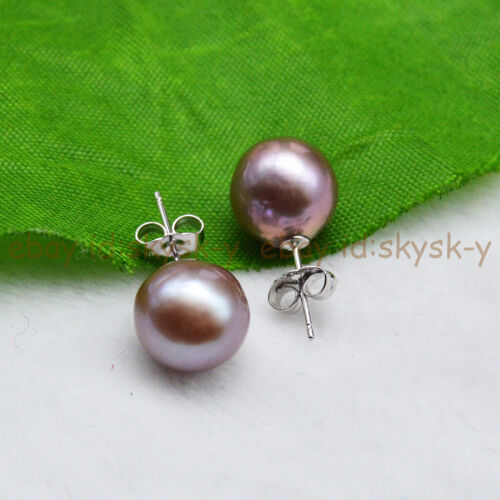 Genuine 10-11mm Natural Purple South Sea Round Pearl Gold Plated Stud Earrings - Picture 2 of 16