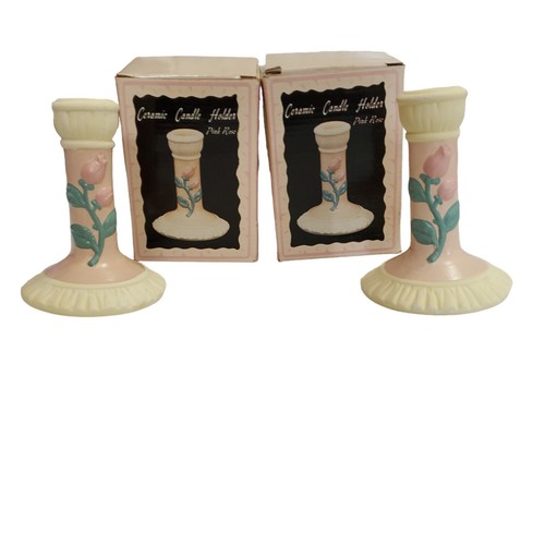 Vintage Ceramic Pink Rose Candle Stick Holders Old Stock Set Of 2 - Picture 5 of 12
