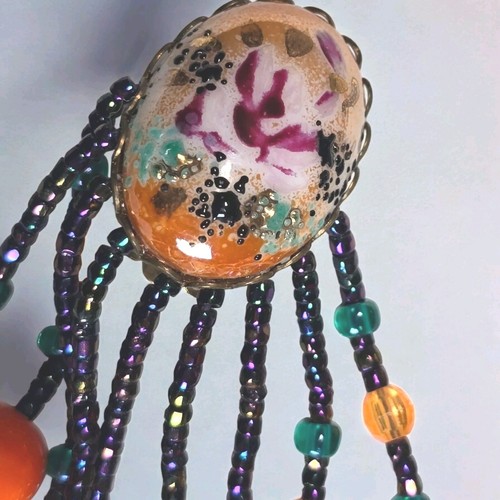 Handmade Cabochon Beaded Tassel Clip On Earrings 3.75" Black Orange Hand Painted - Picture 2 of 3