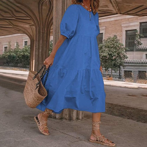 Women Baggy Maxi Smock Dress Summer Short Sleeve Ruffle Holiday Beach Sundress - Picture 4 of 19