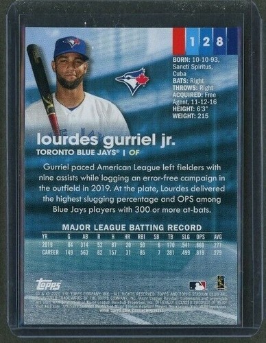 Topps Stadium Club #128 2020 Lourdes Gurriel Toronto Blue Jays - Imagen 2 de 2
