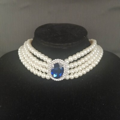 Princess Diana Choker Necklace 4 Strands Simulated Pearl Faux Diamond Sapphire