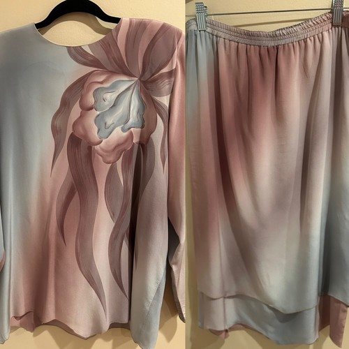 Vintage Yolanda Lorente Grey and Brown Silk Floral Skirt set Sz L - Picture 9 of 10