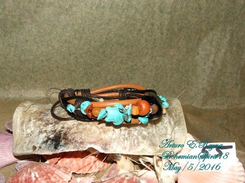 UNISEX Arturo E.Reyna NATURAL TURQUOISE HORN HANDMADE LEATHER BRACELET - Picture 2 of 4