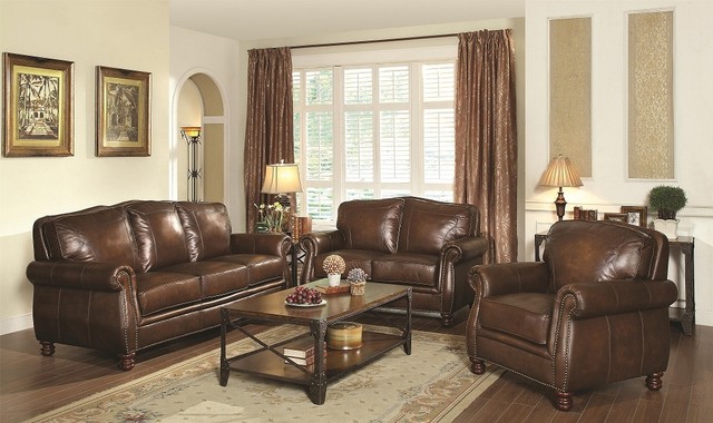 Montbrook Traditional Brown Genuine Leather 2p Sofa Set Rolled Arm Nailhead Trim