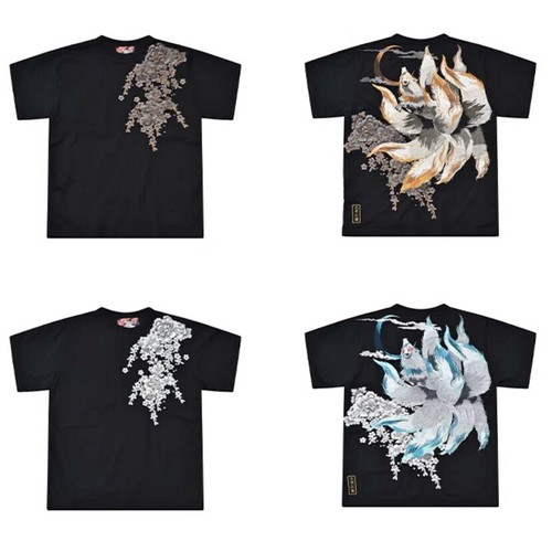 Mens Japanese Myths Pattern Embroidery 9-Tailed-Fox Cotton T-Shirt Black Unisex - Picture 6 of 22