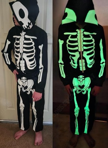 Little Boys Girls Halloween Glow in The Dark Skeleton Zipper Hoodie with Pants - Picture 2 of 5