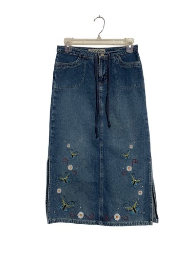 Y2K Paris Blues Denim Midi Skirt Double Slit Embroidered Butterflies Size 8 30W - Picture 1 of 4