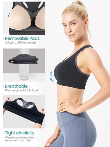 Womens Padded Sports Bras Wire Free with Removable Pads Grey Medium Pack of 3 - Picture 3 of 6