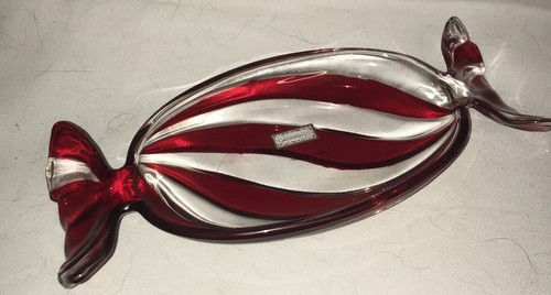 Red & White Glass Goldinger Peppermint Tray 9x4.5” Christmas Gift - Picture 2 of 4