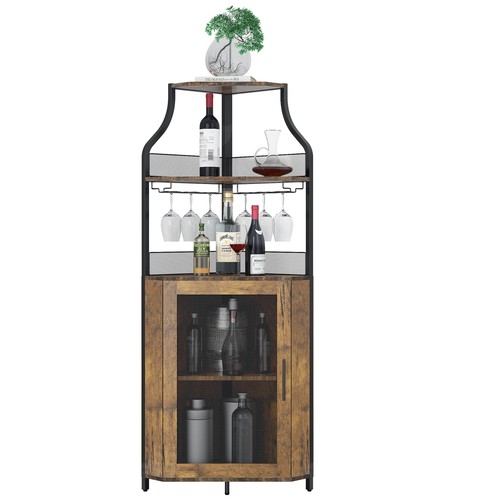 Corner Wine Home Bar Cabinet for Liquor and Glasses Wine Racks With Wood Shelves - Picture 10 of 12