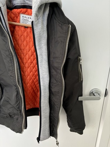 Roler Indie Industrie Boys Dark Green Grey Bomber Detachable Hood Jacket Size 14 - Picture 7 of 7