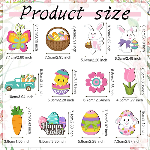 24 Pcs Spring Easter Wooden Ornaments Flower Bunny Egg Hanging Sign for Tree Eas - Picture 3 of 12