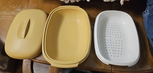 VINTAGE TUPPERWARE 3 TLG. MIKROWELLE DAMPFGARER SET ERNTEGOLD GEBRAUCHT  - Bild 3 von 3