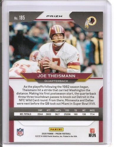 2020 Panini Prizm Joe Theismann Silver Prizm Insert Card Washington Redskins - Picture 2 of 2