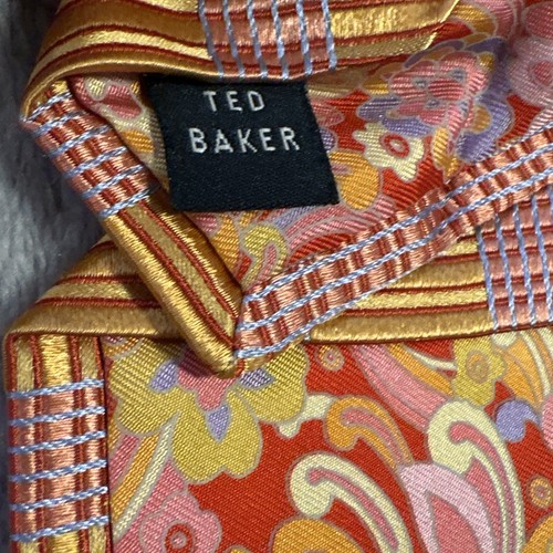 Ted Baker Men’s Silk Designer Neck Tie Orange Pink Gray Stripe Made in USA - Picture 4 of 6