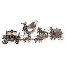 ANTIQUE 3 PIECE MINIATURE HORSE & BUGGY SALT CELLAR FIGURINE SET STERLING SILVER