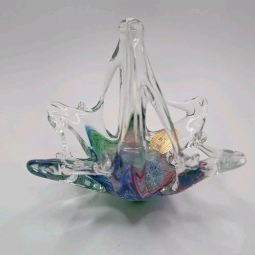 Vtg Murano Glassware Art Glass Basket Candy Dish Handblown Pink Green Made Italy