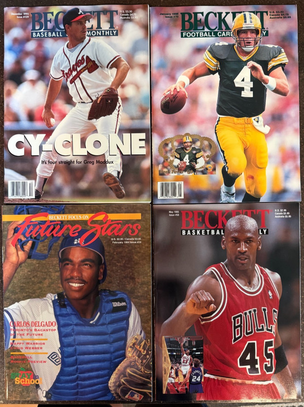 Set of 4 Beckett Monthly Brett Favre-Greg Maddux-Carlos Delgado-Michael Jordan