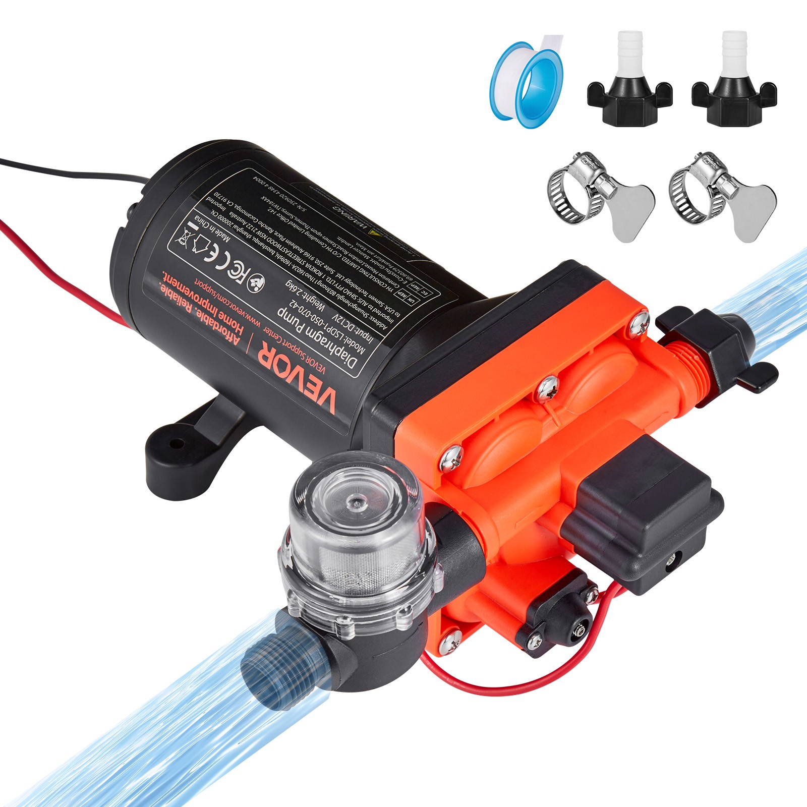 VEVOR RV Water Pump 12V DC 5 GPM (18.9 L/min) 4-Chamber Diaphragm Water Pump