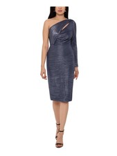 BETSY & ADAM Womens Navy Long Sleeve Below The Knee Evening Sheath Dress 2