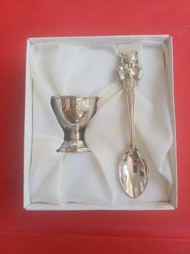 Silver Plated Egg Cup and Spoon Set Christening Baby Items, Boxed