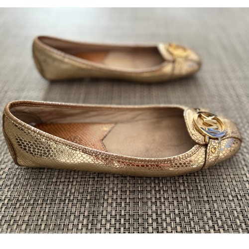 MICHAEL KORS Fulton MK Leather Snake Texture Ballerinas Driving Flat Moc Gold 7 - Picture 3 of 5