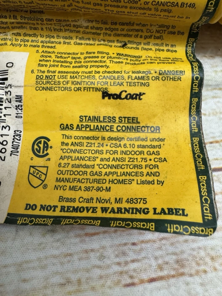 12x黄铜工艺48英寸Procoat燃气电器连接器3/8 ID x 1/2 MIP x 1/2 MIP — 第 4/4 张图片