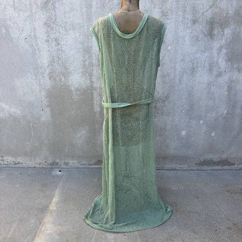 Antique 1920s Sea Foam Green Silk Chiffon Dress Maxi Icy Deco Beading Vintage - Picture 18 of 23