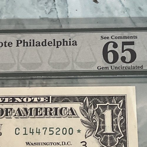 1999 $1 Philly STAR Note PMG 65 GEM UNC Fr 1924-C* PMG 65 SN C14475200* STAR - Picture 4 of 12