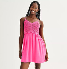 SO Crochet Mixed Media Cami Dress Women Size S Pink Boho Sleeveless Lined Summer