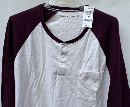 Herren Sun + Stone Dark Scarlet Raglan Henley Langarm Baumwolle Hemd Gr. XXL - Bild 2 von 3