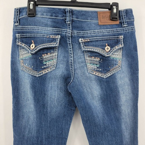 Ariya Damenjeans Größe 7/8 niedriger Bund gerades Bein Denim bestickt 5 Taschen - Bild 6 von 10