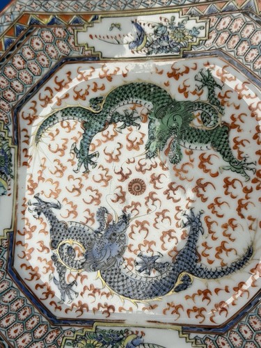 Antique Chinese Export Porcelain Square Plate Famille Rose Dragons 7.25” - Picture 6 of 10