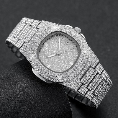 Luxury Full Diamond Men's Stainless Steel Watches Male Sports Quartz Wristwatch