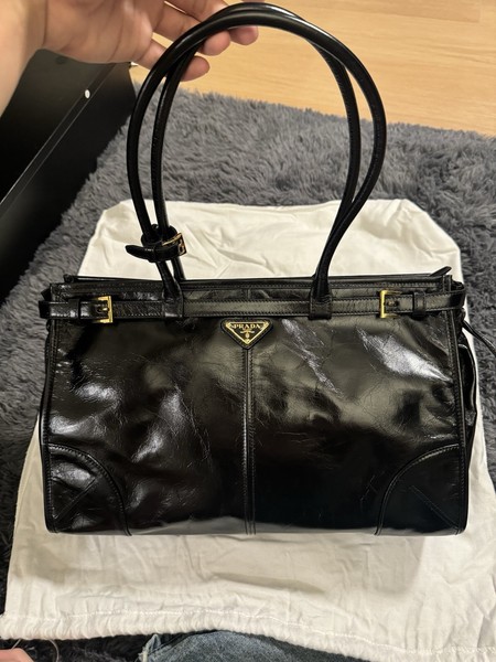 PRADA Bonnie Leather Calfskin Bag Black Gold Gloss Finish, 24cm x 38cm