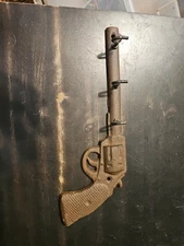 Gun Pistol Revolver Wall Hook Key Rack Cast Iron Rustic Western Brown Patina
