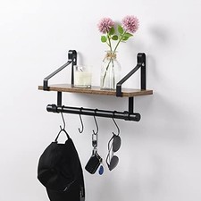 Floating Wall Shelf 40cm Rail and Hooks Metal Frame Rustic Wooden Display Shelf
