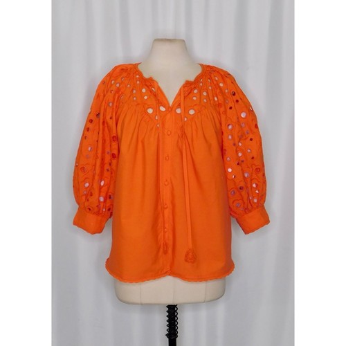 ANTHROPOLOGIE Chantal Eyelet Lace Top Orange Crochet Tie Neck Embroidered Medium - Picture 2 of 13
