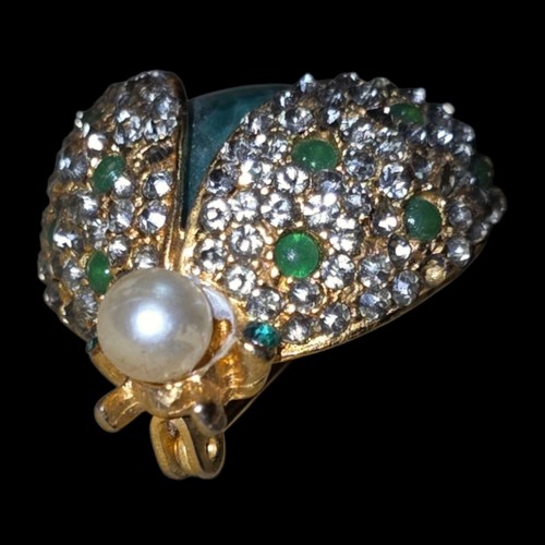 Vintage Unsigned Hattie Carnegie Bug Beetle Ladybug Brooch Gold Tone Green Body - Picture 8 of 10