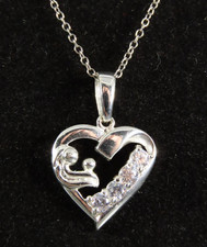 STERLING SILVER 18" Chain Necklace HEART CZ PENDANT Mother/Baby Infant Child MOM